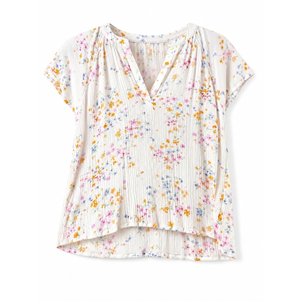 Olive and Oak Women Small Floral Crinkle Gauze V-Neck Short Sleeve‎ Blouse Ivory